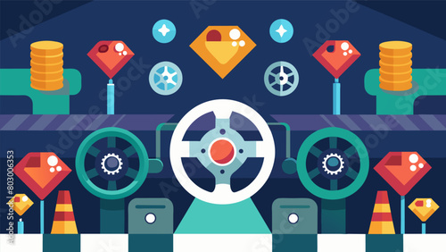 A the rows of shiny parts there are also hidden gems waiting to be discovered like rare steering wheels and original emblems.. Vector illustration
