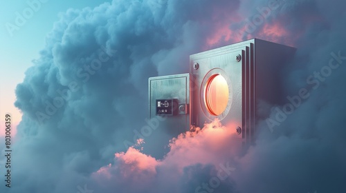 A virtual vault door, seamlessly integrated into the side of a cloud. The door features an advanced biometric scanner, symbolizing secure cloud storage solutions. 32k, full ultra hd, high resolution