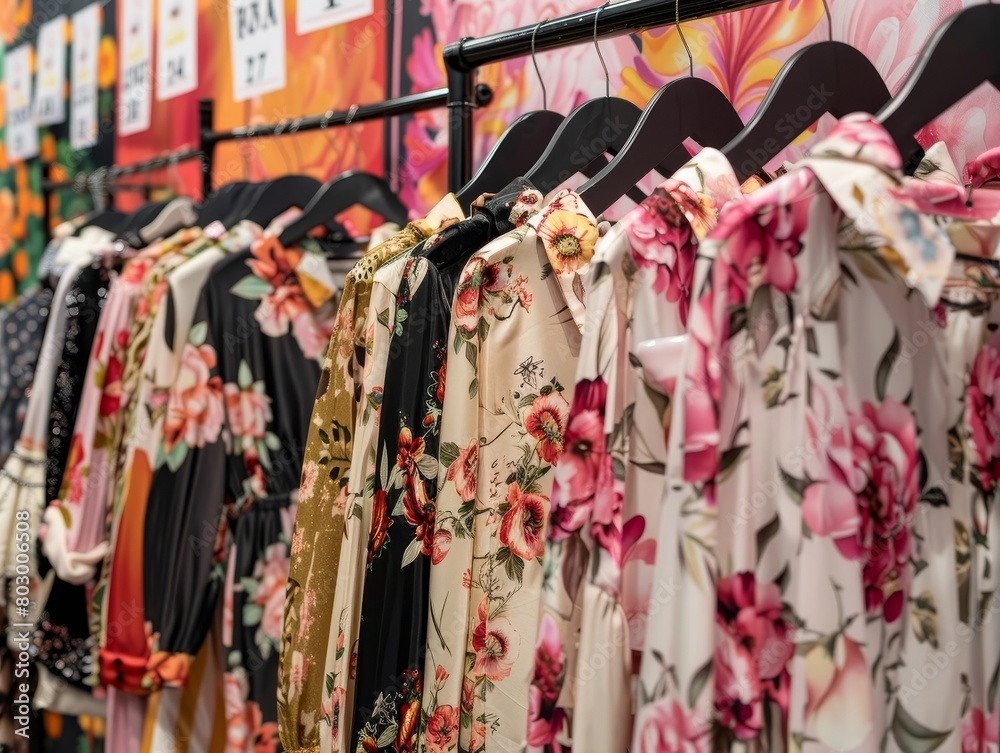 Vibrant Floral-Themed Fashion Pop-Up Event with Trendy Apparel Displays and Exclusive Offers Vibrant Floral-Themed Fashion Pop-Up Event with Trendy Apparel Displays and Exclusive Offers