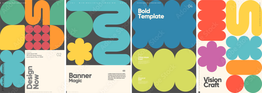 A vibrant collection of four minimalist retro posters with bold typography and colorful geometric shapes, emphasizing modern design elements and a playful arrangement of forms.
