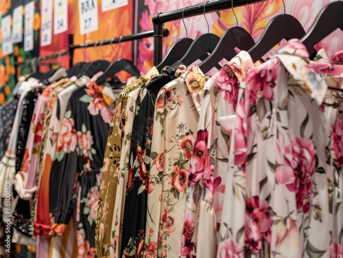 Vibrant Floral-Themed Fashion Pop-Up Event with Trendy Apparel Displays and Exclusive Offers © kittipoj