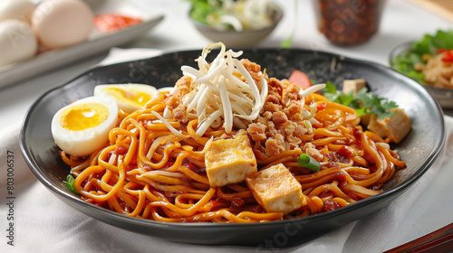 Traditional malaysian mee goreng with tofu, egg, fresh vegetables, and savory spices served on a ceramic plate photo
