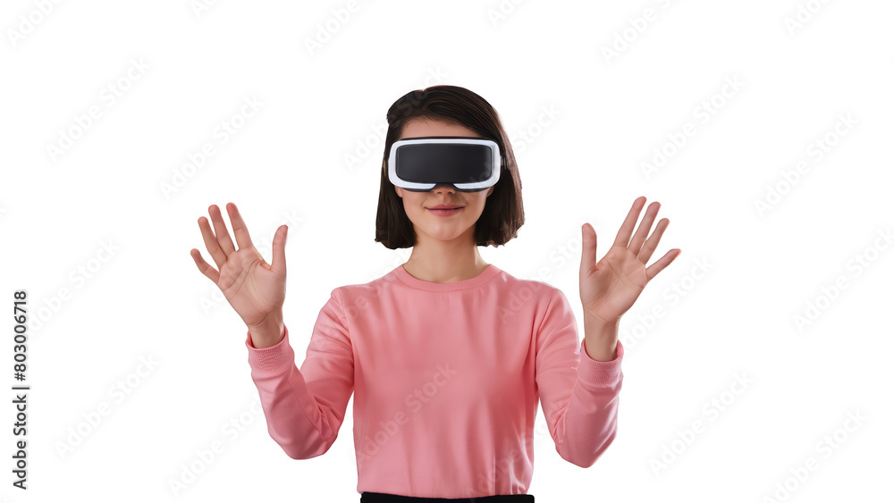 woman with an augmented reality viewer with raised hands, isolated transparent background woman with an augmented reality viewer with raised hands, isolated transparent background