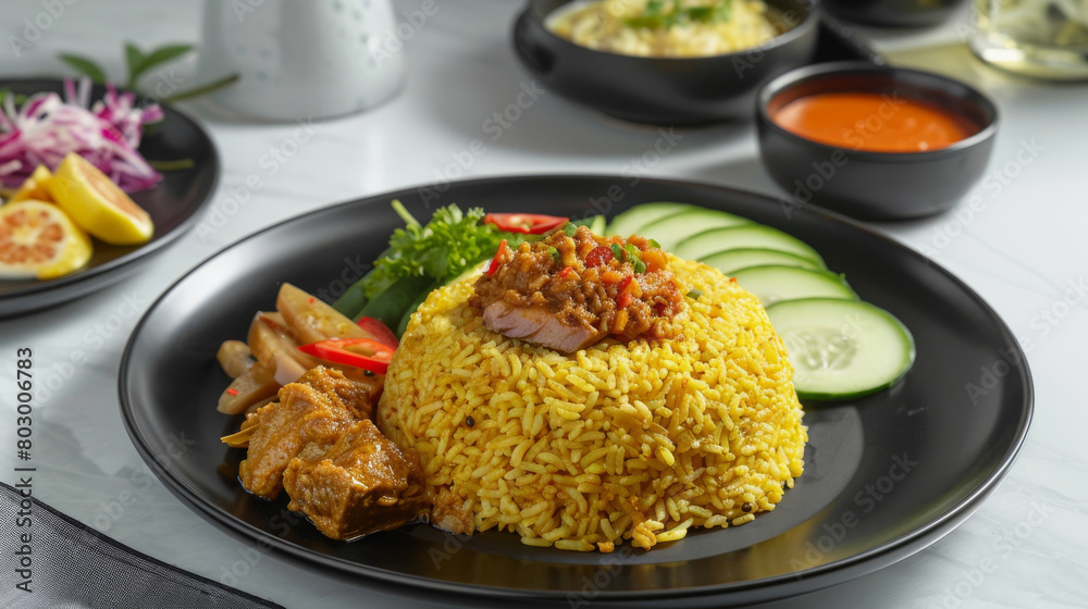 Vibrant nasi kandar, a malaysian favorite, served with savory sides, cucumber, and rich, spicy sauces on a sleek black plate Vibrant nasi kandar, a malaysian favorite, served with savory sides, cucumber, and rich, spicy sauces on a sleek black plate