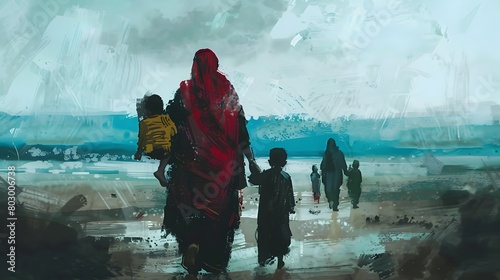 the refugee crisis, highlighting the plight of displaced people fleeing conflict or persecution in search of safety and stability
