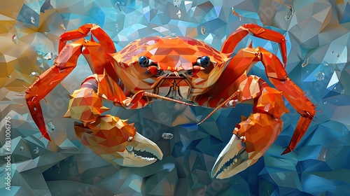 Low poly art of red crab on the beach photo