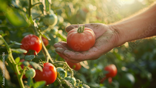 A person is picking tomatoes in a garden.