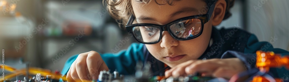 A child deeply focused on assembling robotic kits A child deeply focused on assembling robotic kits