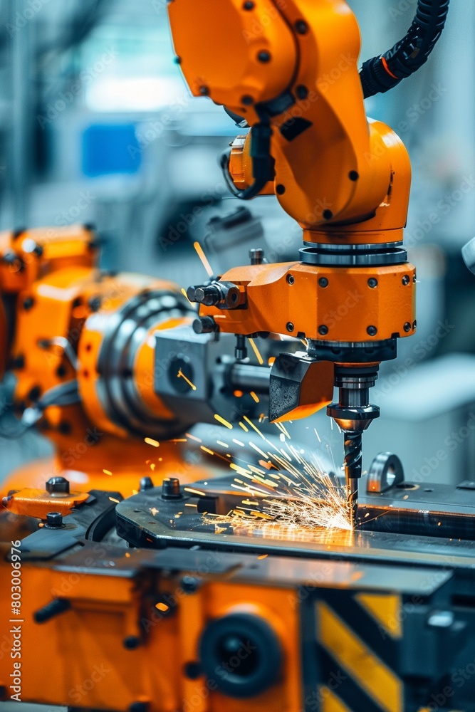 A Close-up of industrial machinery and robotic arms working on metal production