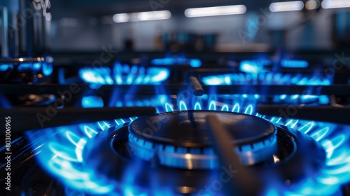 A Close-up of gas stove burners with intense blue flames