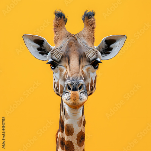 a giraffe is standing in front of a yellow background and looking at the camera © Nadtochiy