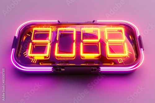 Create a realistic image of a glowing neon pink and orange digital clock that reads "2023" with a glass case and a shiny metal frame