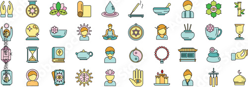 Spiritual practices icons set outline vector. Calm retreat. Aroma stress thin line color flat on white