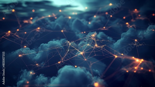 An intricate web of secure, glowing data links connecting multiple clouds against a dark, digital sky. 