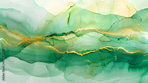 Light green abstract liquid watercolour background with gold spots, shadows and lines.  photo