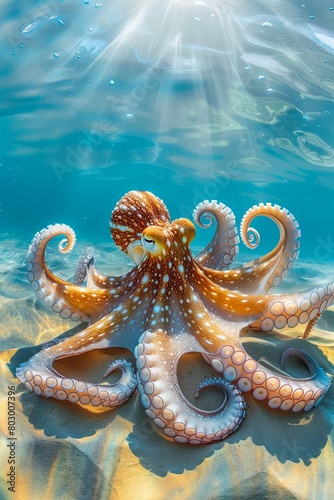 A vibrant octopus gracefully maneuvers across a sandy ocean floor bathed in sunlight