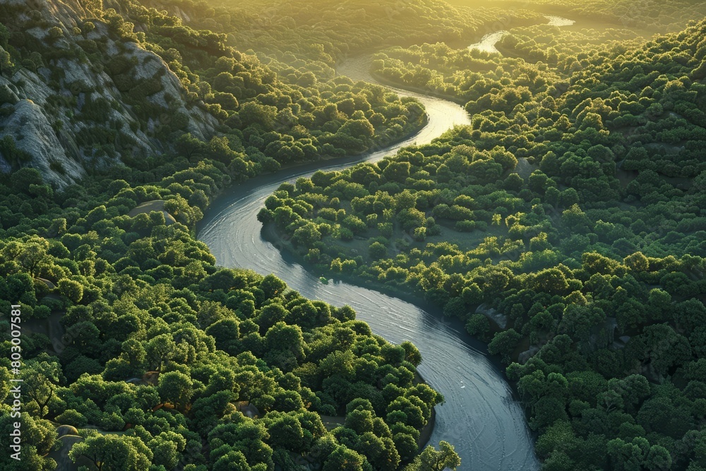 An epic aerial view of a lush green forest with a river flowing through it An epic aerial view of a lush green forest with a river flowing through it