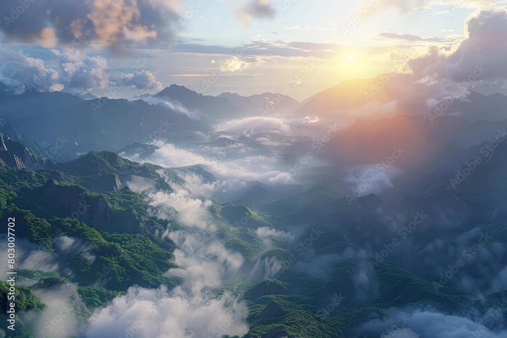 A beautiful landscape of a mountain range with clouds and mist in the morning sun. A beautiful landscape of a mountain range with clouds and mist in the morning sun.