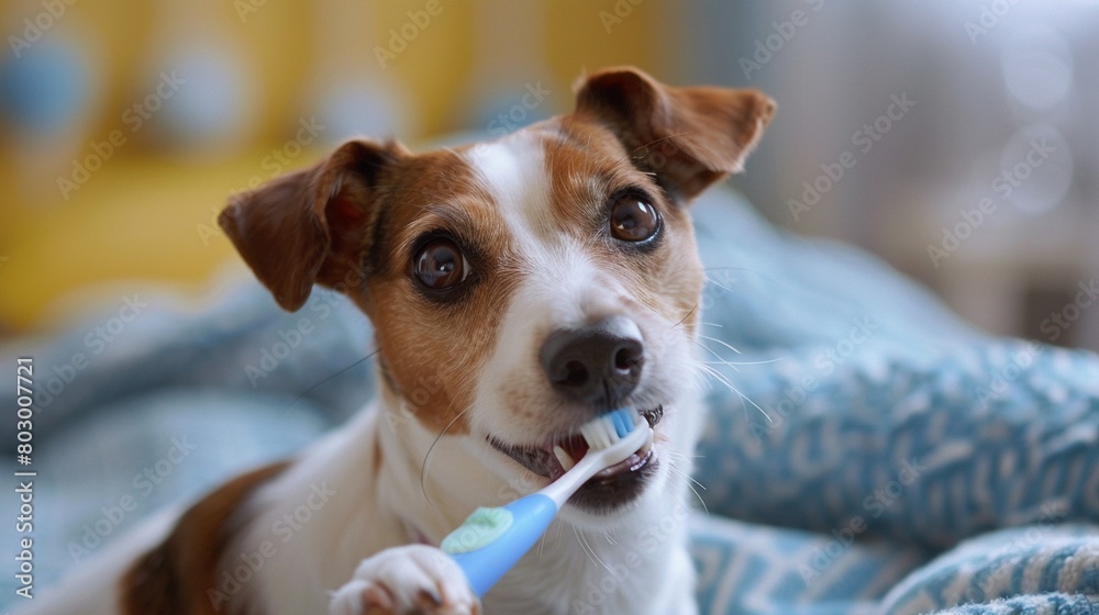 Jack Russell terrier holding a toothbrush focused close-up