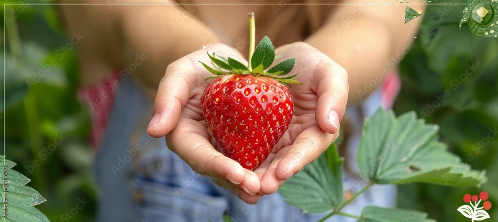 Obraz premium Fresh strawberry held by child with blurred background for text, copy space available