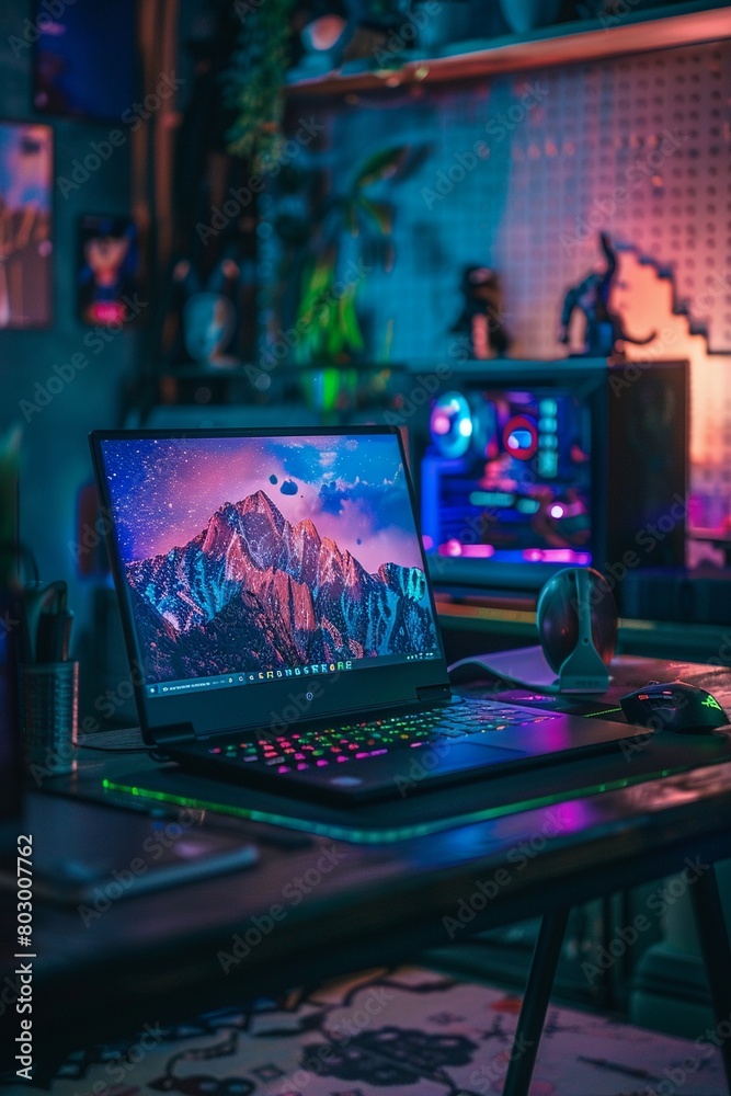 Laptop on a dark desk with RGB lighting portraying a gaming or programming workspace in a moody