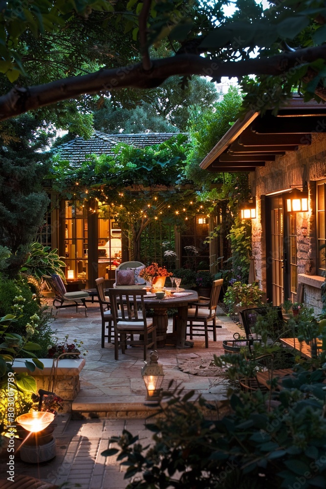 Lush patio garden with wood furnishings twilight
