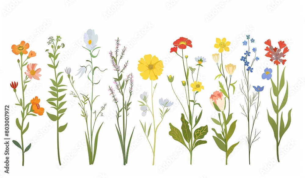 Colorful assortment of illustrated wildflowers on a white background
