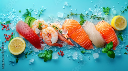 Different types of meat source of protein on a blue background and ice cube