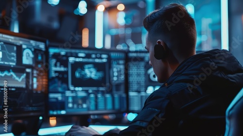 A young male hacker wearing a black hoodie and headphones sits in a dark room lit by the glow of his computer screens