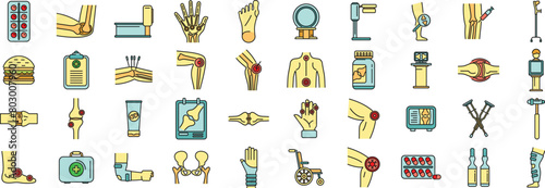Arthritis icons set outline vector. Joint injury. Medical science thin line color flat on white