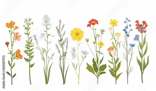 Colorful assortment of illustrated wildflowers on a white background