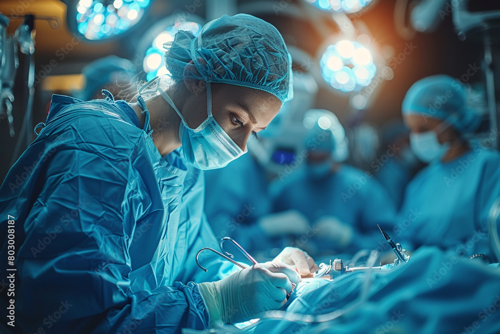 A skilled surgeon performing a delicate procedure with precision and focus, the operating room bathed in the soft glow of surgical lights as life-saving expertise is put into actio A skilled surgeon performing a delicate procedure with precision and focus, the operating room bathed in the soft glow of surgical lights as life-saving expertise is put into actio