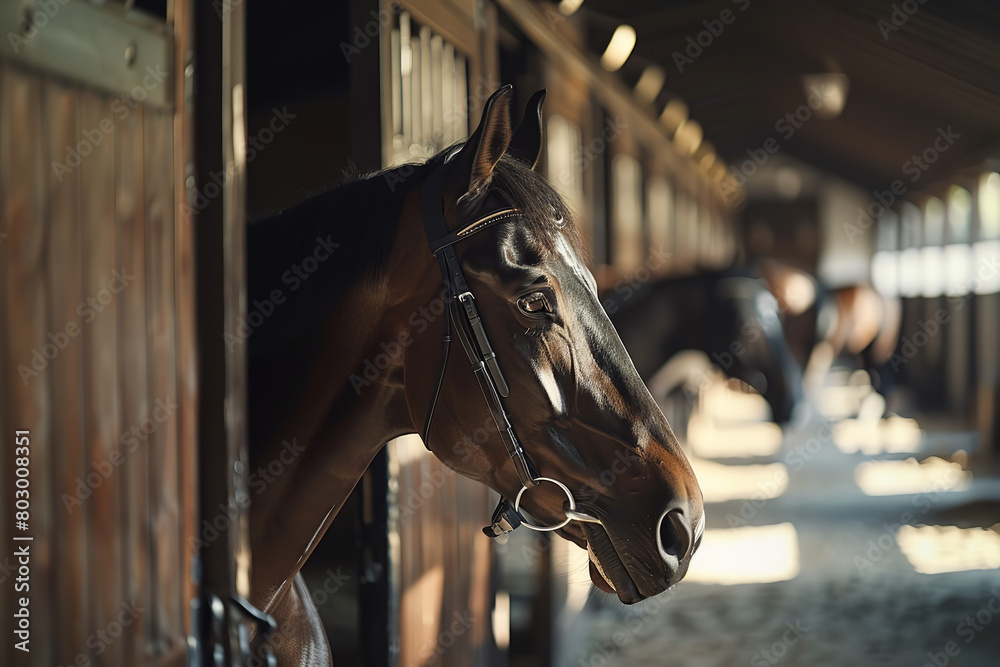 Fototapeta premium Trainers at a horse stable prepare horses for equestrian competitions with specialized diet - exercise - and grooming routines