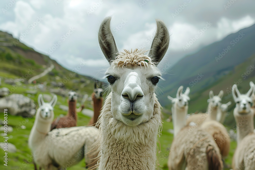 Obraz premium Visitors engage in llama trekking in the mountains - learning about llama care and the benefits of their wool