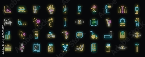 Arthritis icons set outline vector. Joint injury. Medical science neon color on black