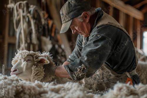 A sheep shearer skillfully removes wool in a barn - highlighting the annual cycle of wool production and its importance to the economy photo
