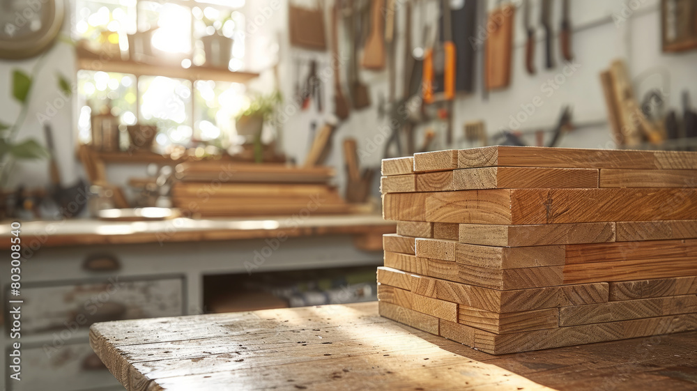 Wooden planks on a carpentry workbench.