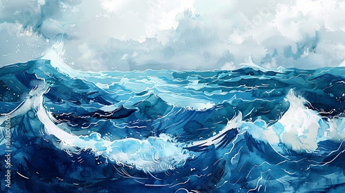 Ocean waves in dynamic watercolor style photo