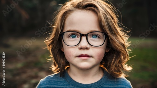 Portrait of a Young Boy with Blue Eyes and Glasses in a Natural Outdoor Setting