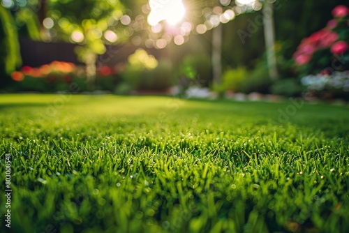 Detailed close up view of vibrant bermuda grass field with lush and vibrant young green blades