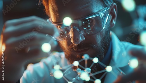 A scientist wearing a lab coat and safety goggles is carefully examining a 3D model of a molecule photo