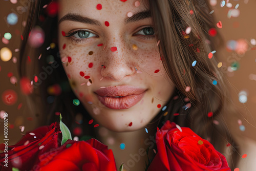 Beautiful young woman with bouquet of red roses and confetti on brown background. Valentine's Day celebration 