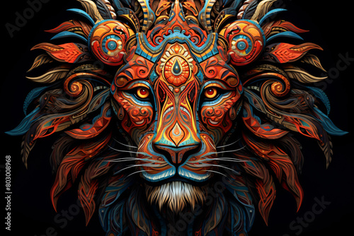 A colorful digital artwork of a lion head with a geometric pattern for a mane  staring ahead with determination