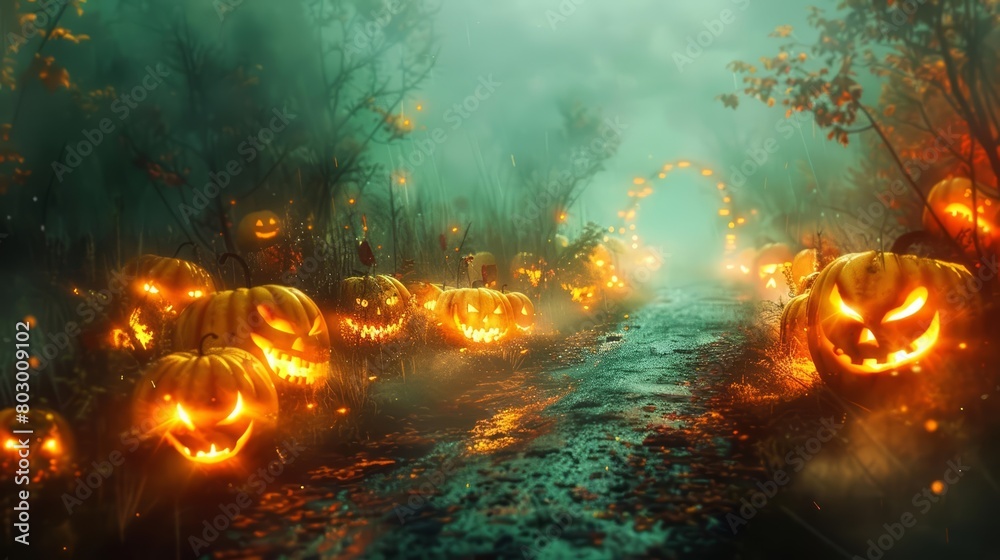 A dark and mysterious forest path is lit by the flickering light of jack-o'-lanterns A dark and mysterious forest path is lit by the flickering light of jack-o'-lanterns