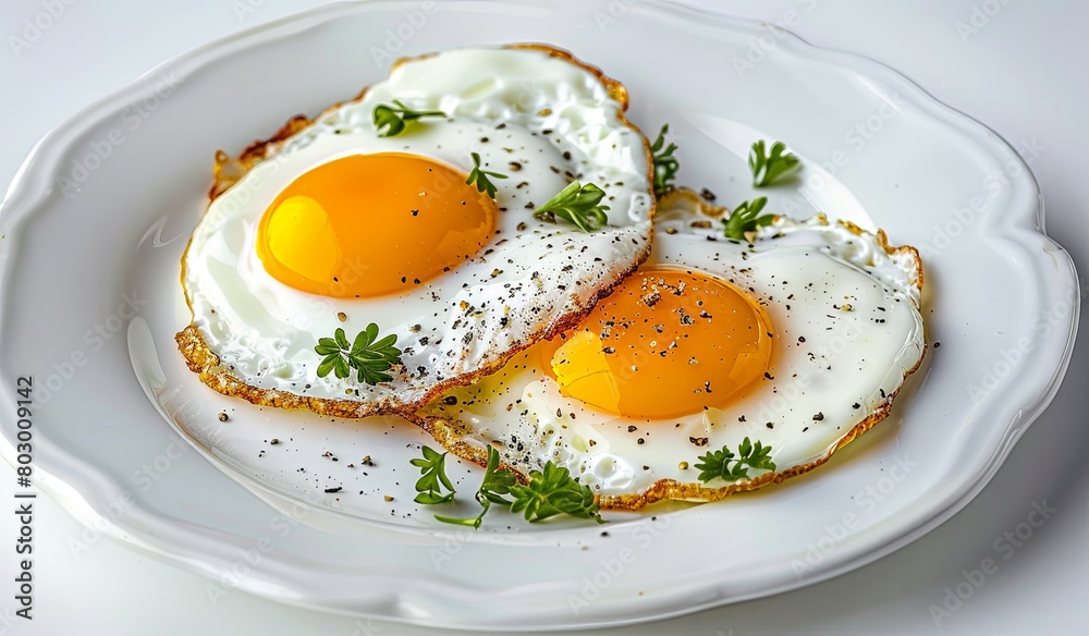 Sunny side up eggs garnished with herbs on white plate Sunny side up eggs garnished with herbs on white plate