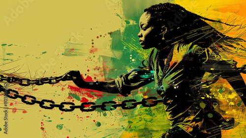 African woman runs, breaking the chain. Juneteenth holiday representing freedom and equal rights celebration. concept emancipation