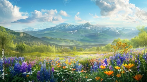 Create a beautiful landscape painting of a mountain meadow in full bloom photo