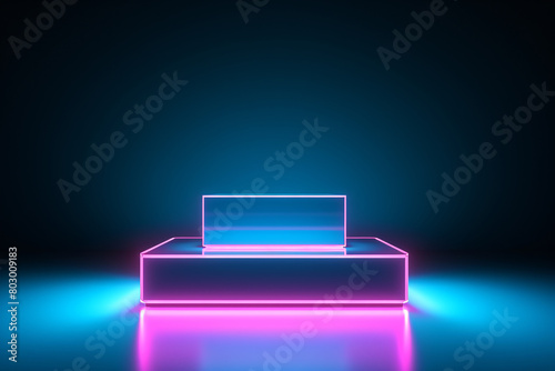 A podium clear glass box illuminated by pink neon light sits on a dark surface