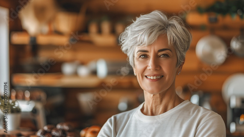 Silver Strands, Enduring Style: A woman with a short, gray haircut in her 50s exudes timeless sophistication, demonstrating that true style never fades.