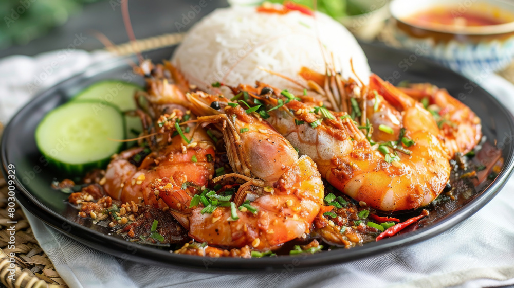 Malaysian-style shrimp dish with steamed rice, cucumber, and herbs on a black plate